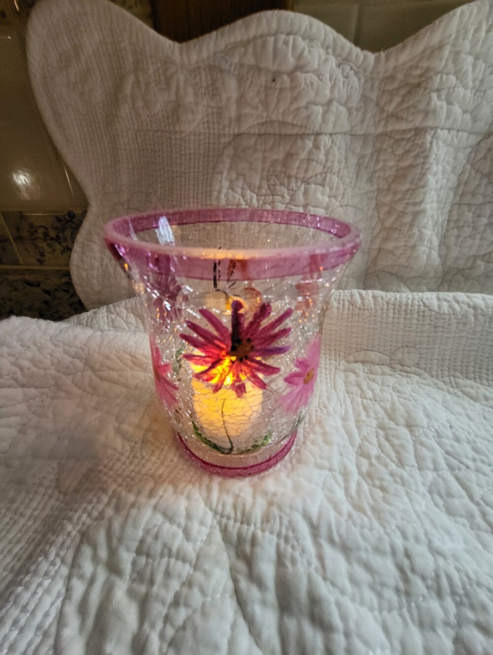 Hand-Painted Pink Floral Crackle Glass Vase - Picture 11 of 12